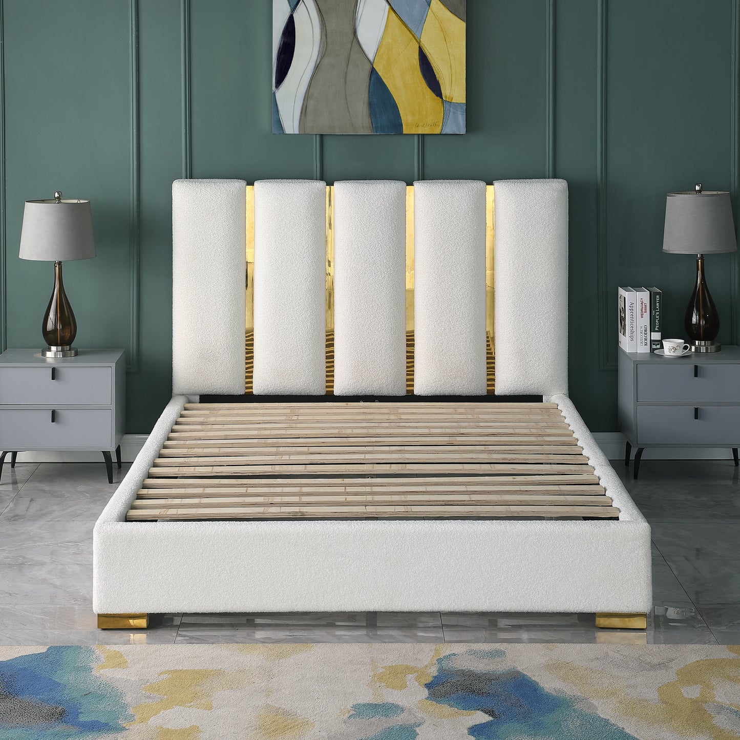 Contemporary Velvet Upholstered Bed, Solid Wood Frame, High-density Foam, Gold Metal Leg, Queen Size - Enova Luxe Home Store