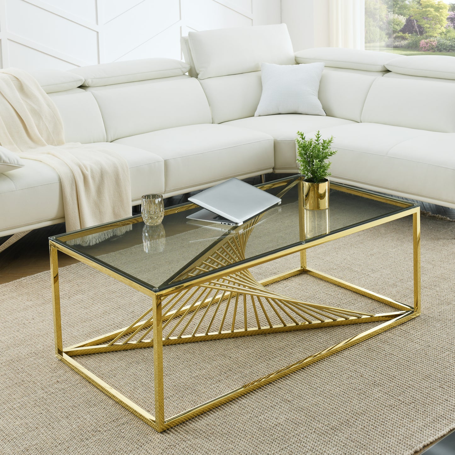 Modern Rectangular Coffee Accent Table with Clear Tempered Glass Top and Stainless Steel Frame for Living Room Bedroom - Gold - Enova Luxe Home Store