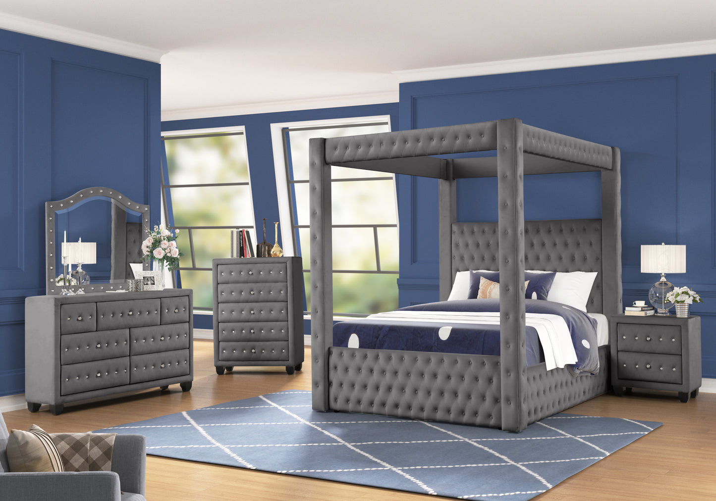 Monica luxurious Four-Poster Full 4 Pc Bed Made with Wood in Gray - Enova Luxe Home Store