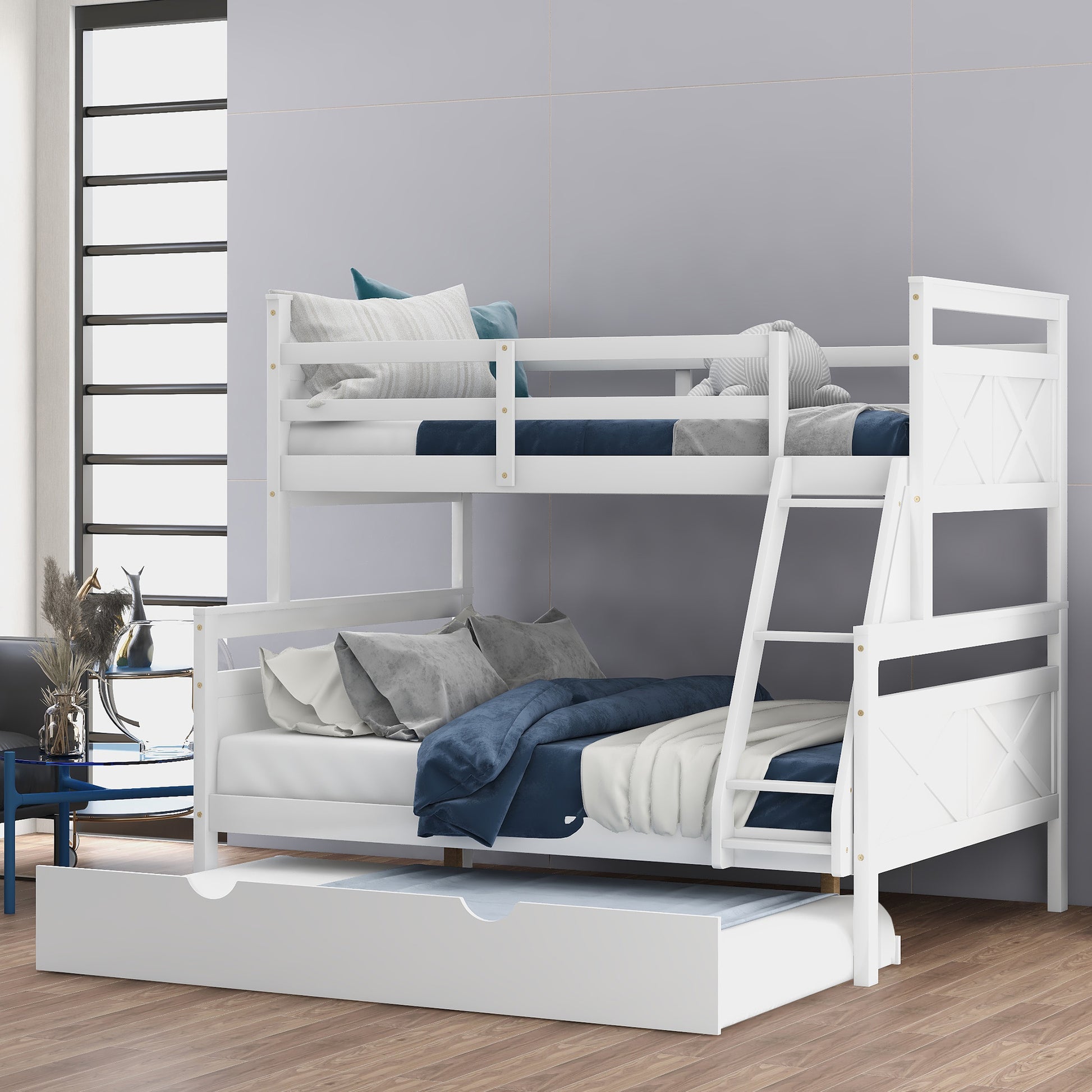Twin over Full Bunk Bed with Ladder, Twin Size Trundle, Safety Guardrail, White - Enova Luxe Home Store