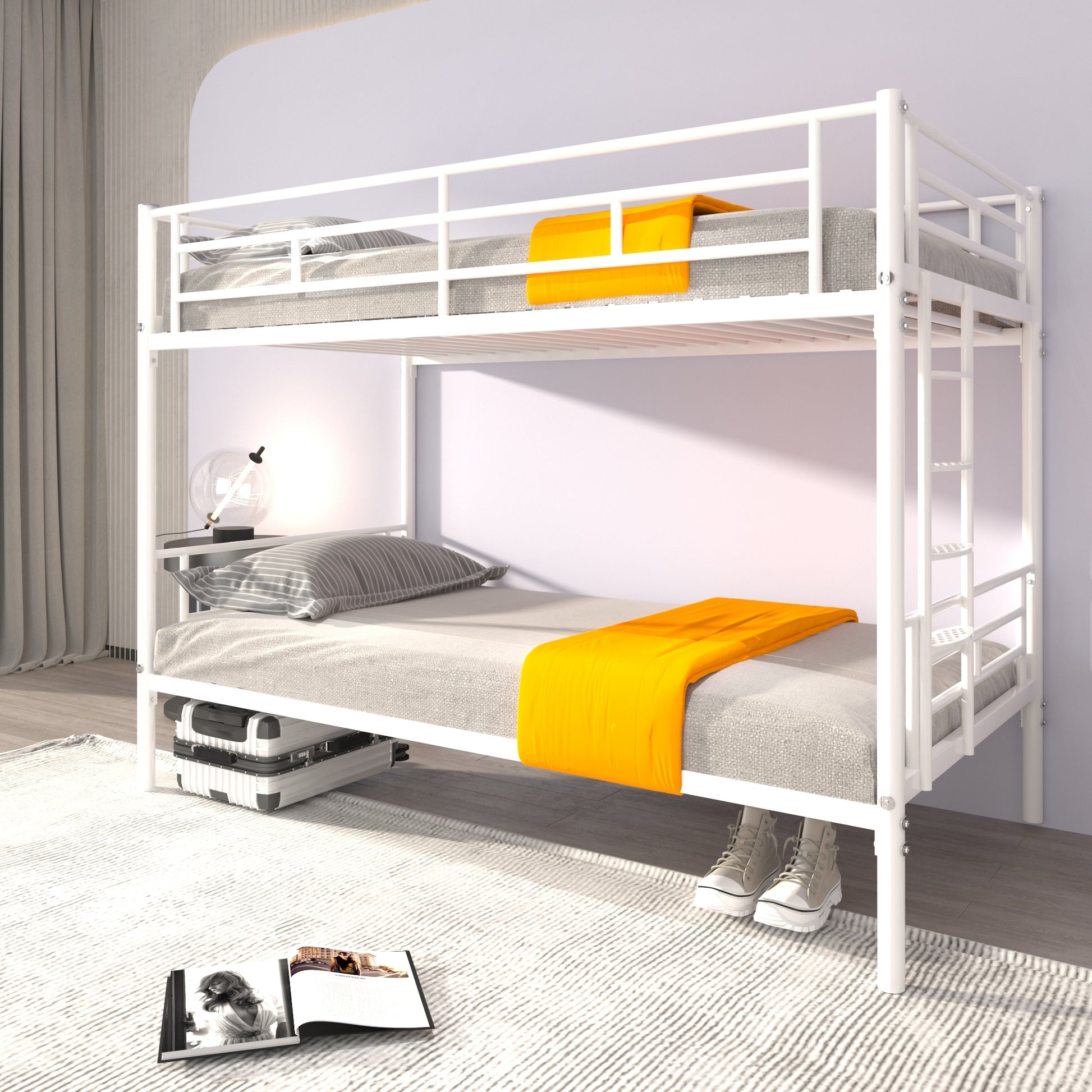 White Twin over Twin Metal Bunk Bed with Removable Ladder, Comfortable Rungs, Easy to assemble - Enova Luxe Home Store